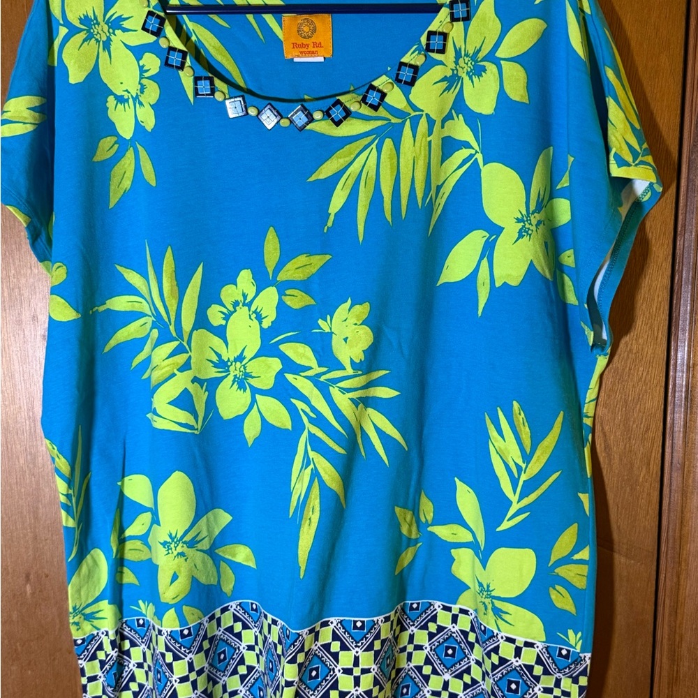 Women's Ruby Rd. Floral Print Blouse in Blue and Yellow Size 1X